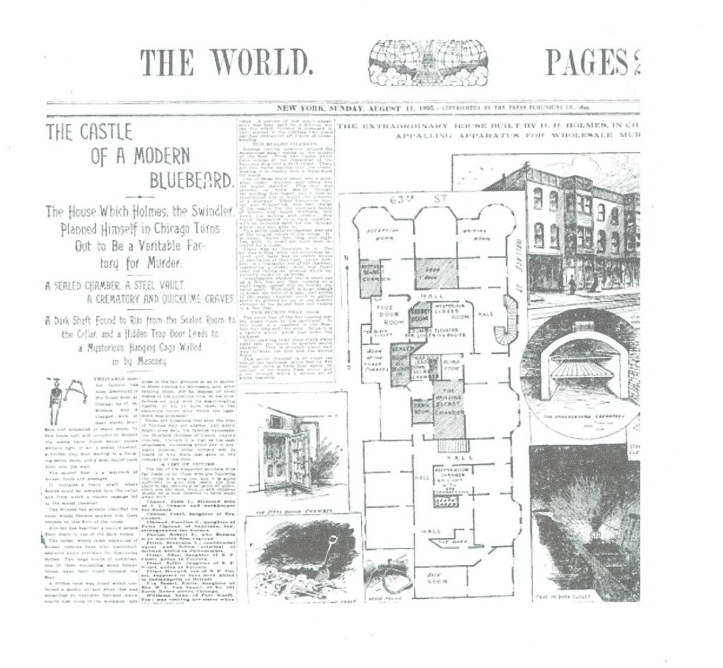 August 11, 1895 Joseph Pulitzer's "The World" showing floor plan of Holmes "Murder Castle" and left to right top to bottom scenes found inside it - including a vault, a crematorium, trapdoor in floor and a quicklime grave with bones